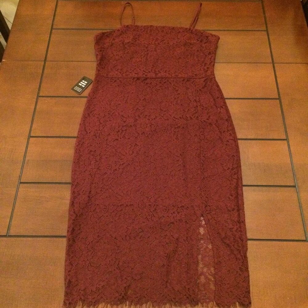 NWT express burgundy midi maroon lace dress with front slit